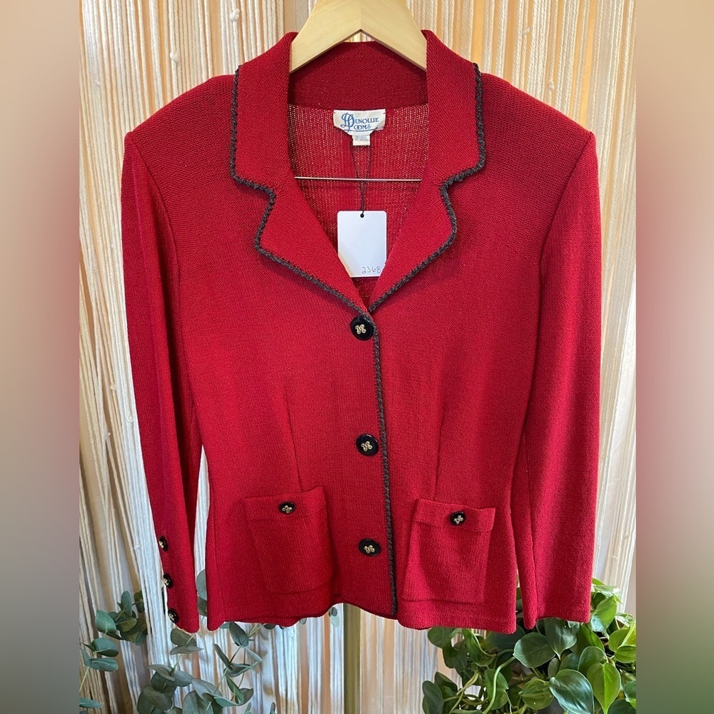 Rare Vintage Dunollie Looms tailored Red Wool blend Knit Cardigan Blazer Jacket